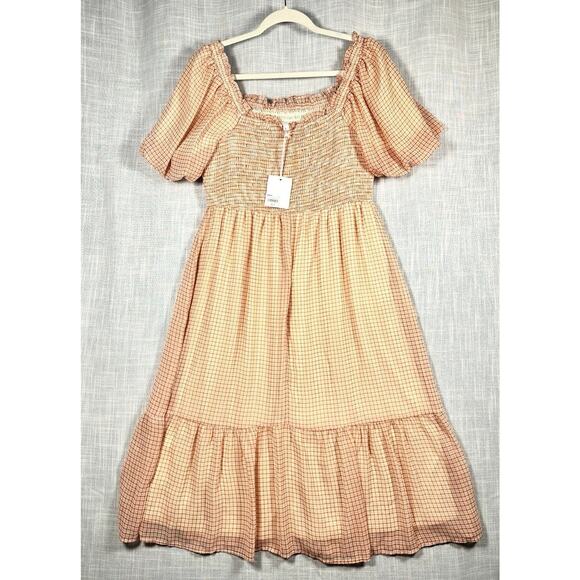 LC Lauren Conrad Dresses & Skirts - Lauren Conrad Cooper Plaid Puff Sleeve Square Neck Smocked Peasant Dress Sz L